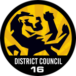 A yellow and black logo with the words district council 1 6
