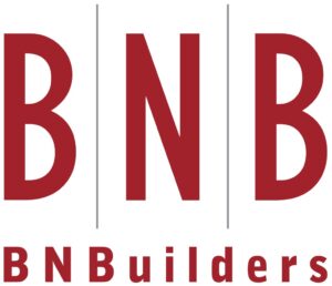 A red and white logo of bnb builders