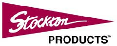A red and white pennant with the name stockton products written in it.