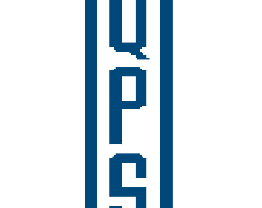 A blue and white logo of the qps