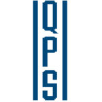 A blue and white logo of the qps